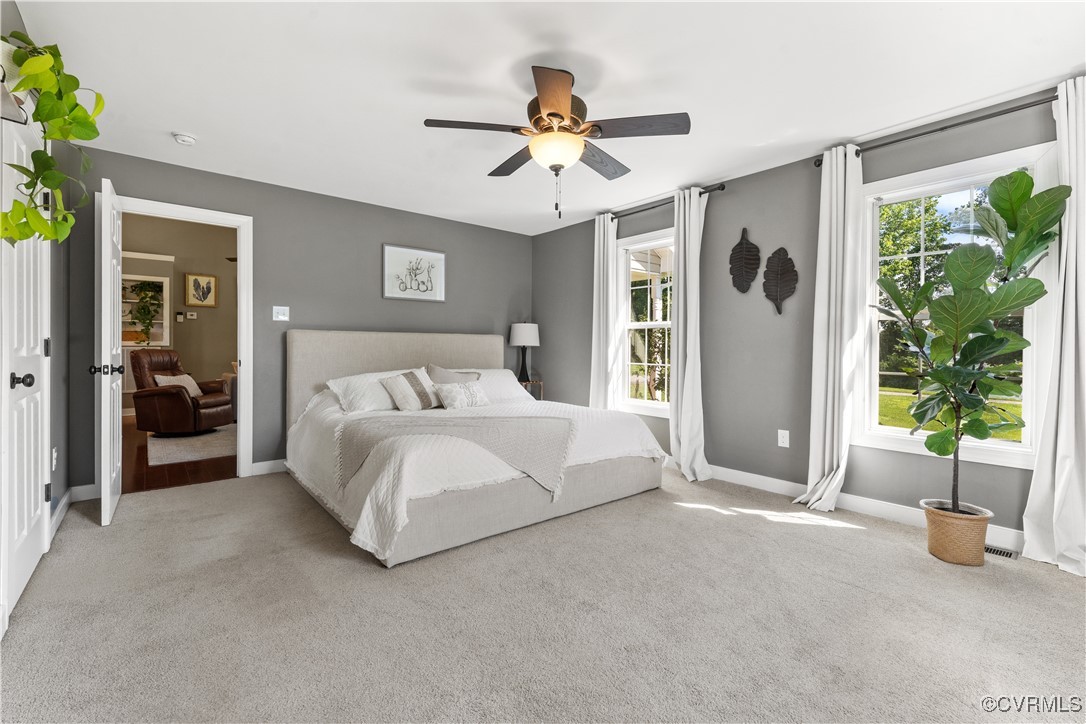 201 School Road Dillwyn, VA 23936 - Photo 28 of 48 a spacious bedroom with a bed and a chandelier