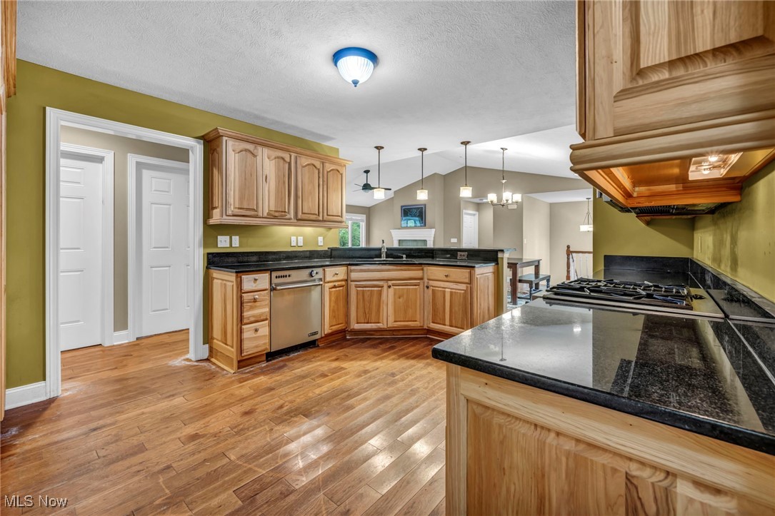 800 Bell Road Chagrin Falls, OH 44022 - Photo 8 of 35 Kitchen with a peninsula, stainless steel dishwasher, light wood finished floors, a sink, and vaulted ceiling