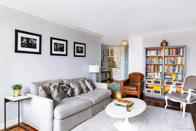 a living room with furniture and a book shelf