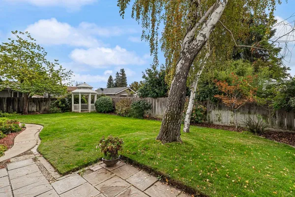 a view of a backyard with table and chairs potted plants and large tree