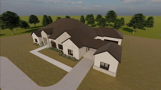 an aerial view of a house with outdoor space and street view