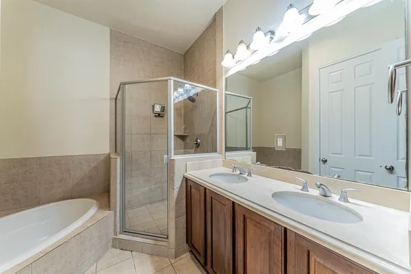 a bathroom with a double vanity sink mirror double and bathtub