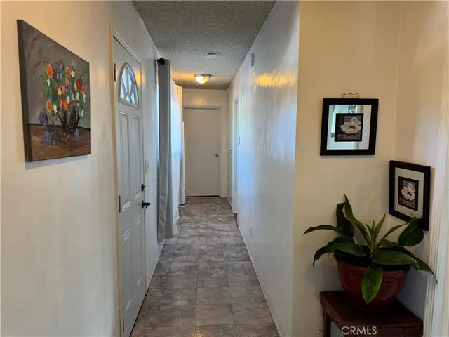 a hallway with painting on the wall and a potted plant