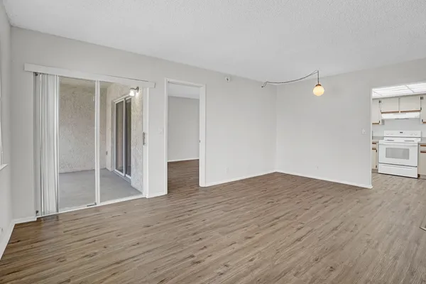 a view of empty room with wooden floor