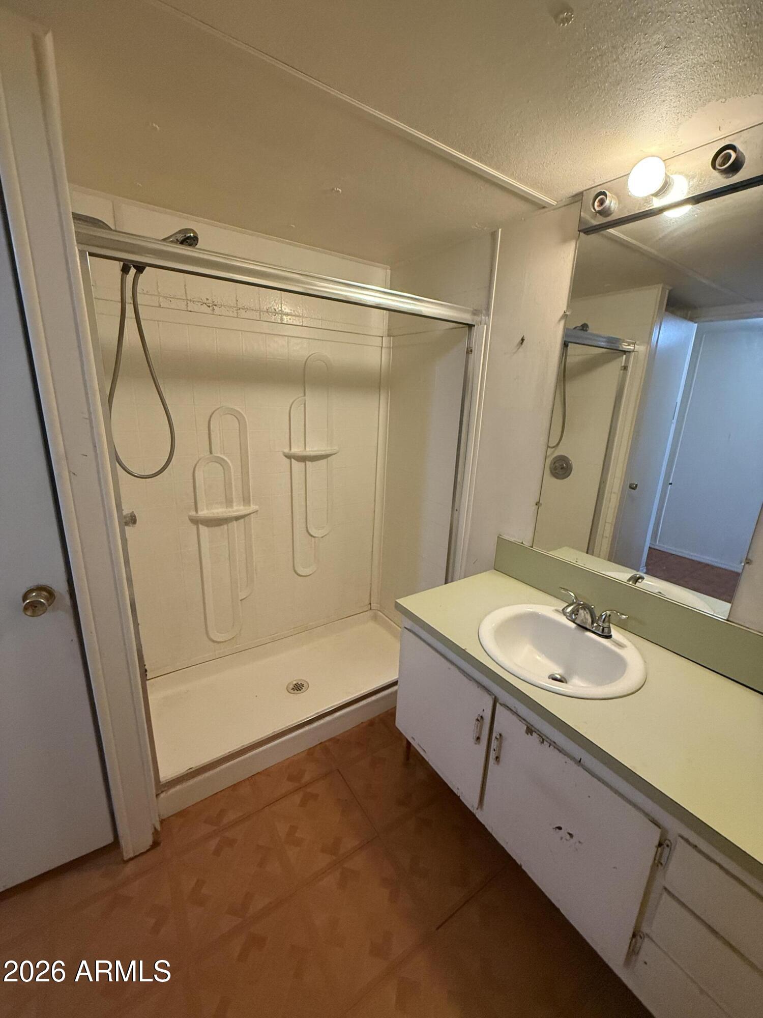 234 South 75th Way Mesa, AZ 85208 - Photo 16 of 18 a bathroom with a granite countertop sink a mirror and a shower