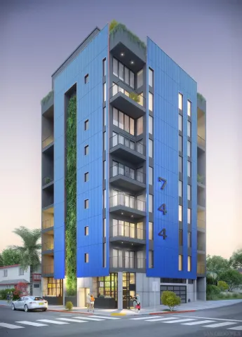 a front view of multi story residential apartment building