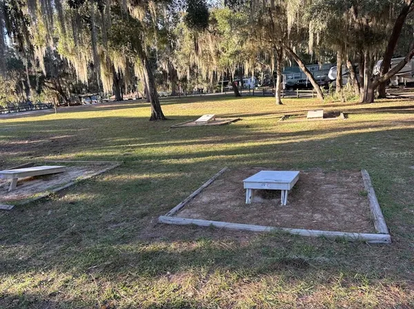 a view of swimming pool with large trees