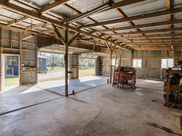 a view of a garage with storage