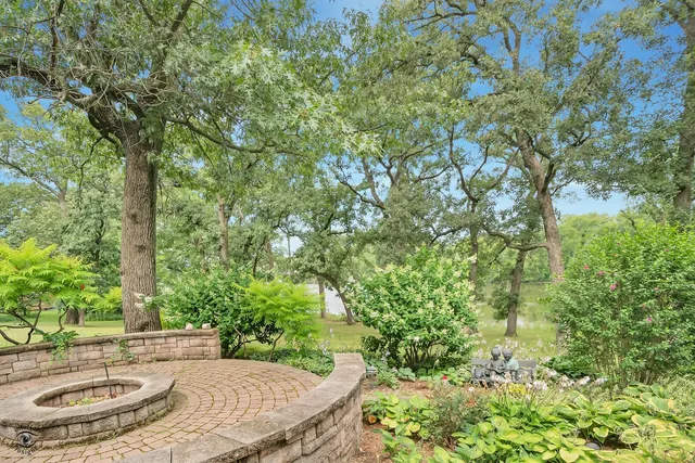 a backyard with table and chairs plants and large trees