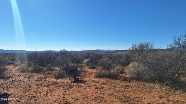 a view of a dry yard with mountains in the background