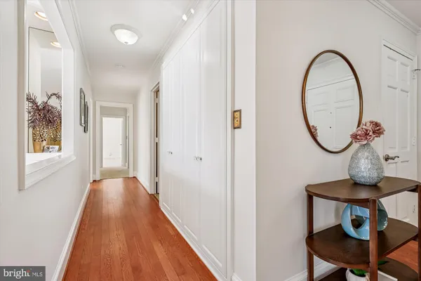 a view of a hallway with entryway wooden floor and front door