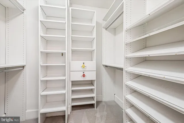 a view of walk in closet with empty racks