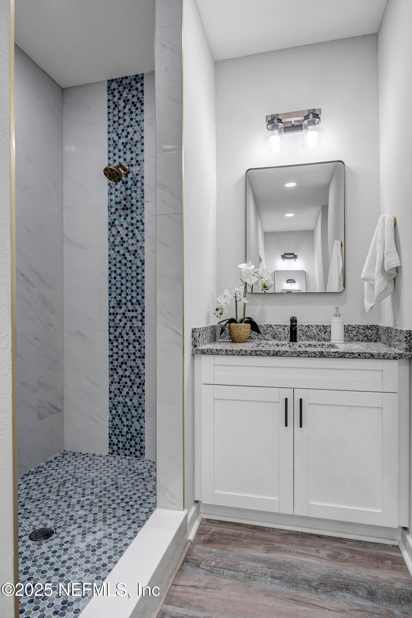 85 Delmonte Street Baldwin, FL 32234 - Photo 24 of 34 a bathroom with a granite countertop sink a mirror and shower