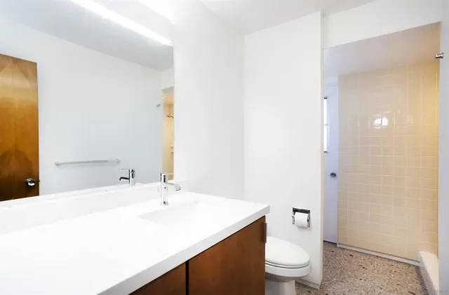 a bathroom with a sink a toilet and a mirror