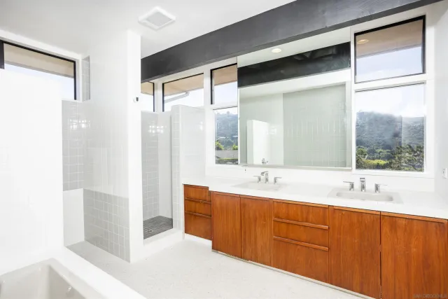 a bathroom with a double vanity sink mirror and shower