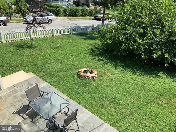 a garden view with a seating space