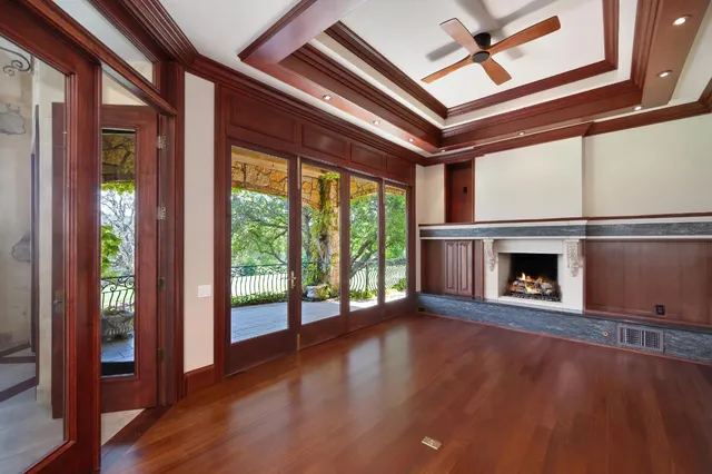 a view of a livingroom with wooden floor