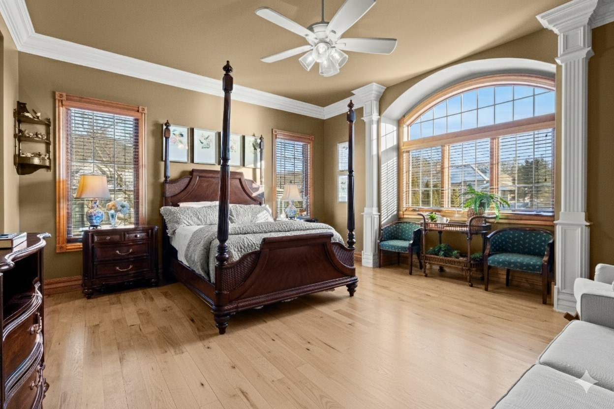 109 Singletree Road Orland Park, IL 60467 - Photo 32 of 66 a bedroom with a bed and a chandelier