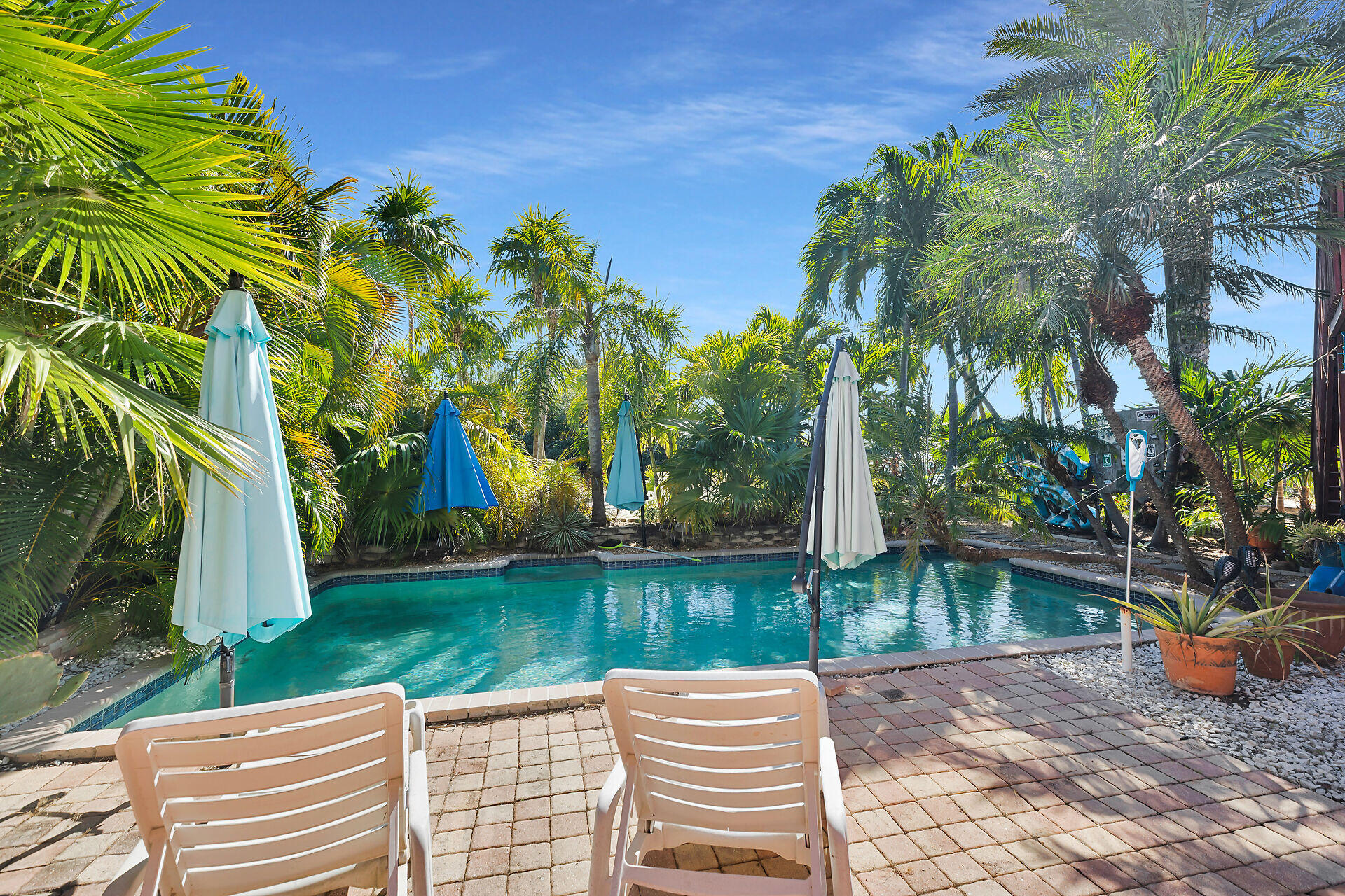 42 Treasure Road Marathon, FL 33050 - Photo 11 of 70 a view of a patio with table and chairs potted plants and palm trees