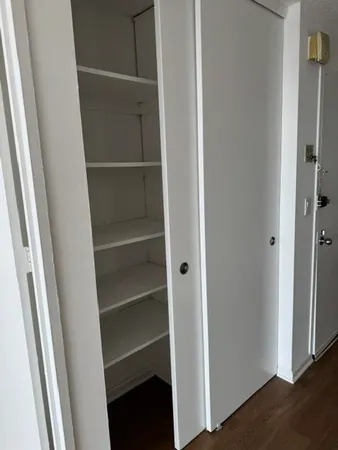 a view of closet with wooden floor