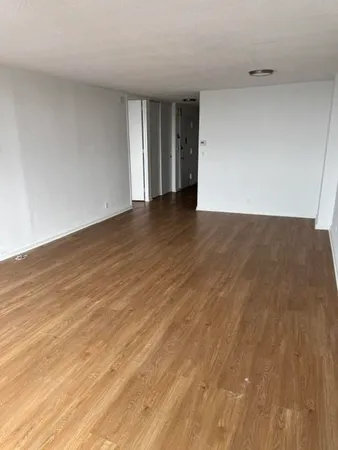 a view of an empty room with wooden floor