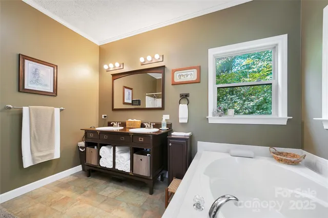 a bathroom with double vanity and a bathtub