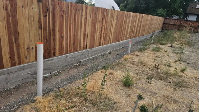a view of a backyard with wooden fence