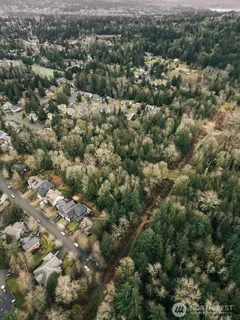 a view of a city with lush green forest