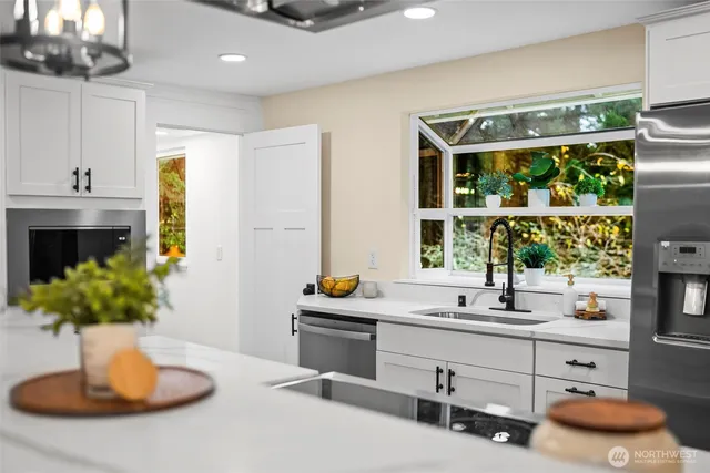 a kitchen with a sink and a potted plant