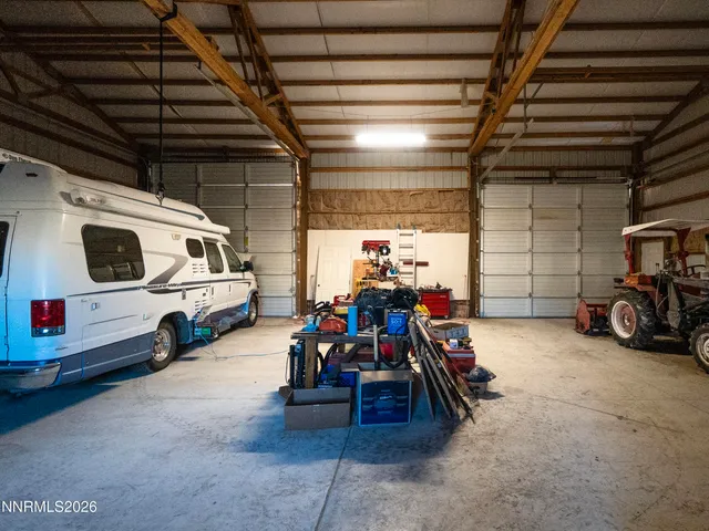 a view of a garage with storage