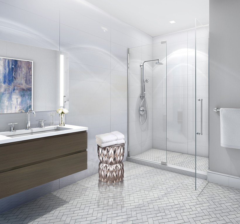 44-50 Symphony Road, Unit 104 Boston, MA 02115 - Photo 3 of 6 a bathroom with a shower sink and a mirror