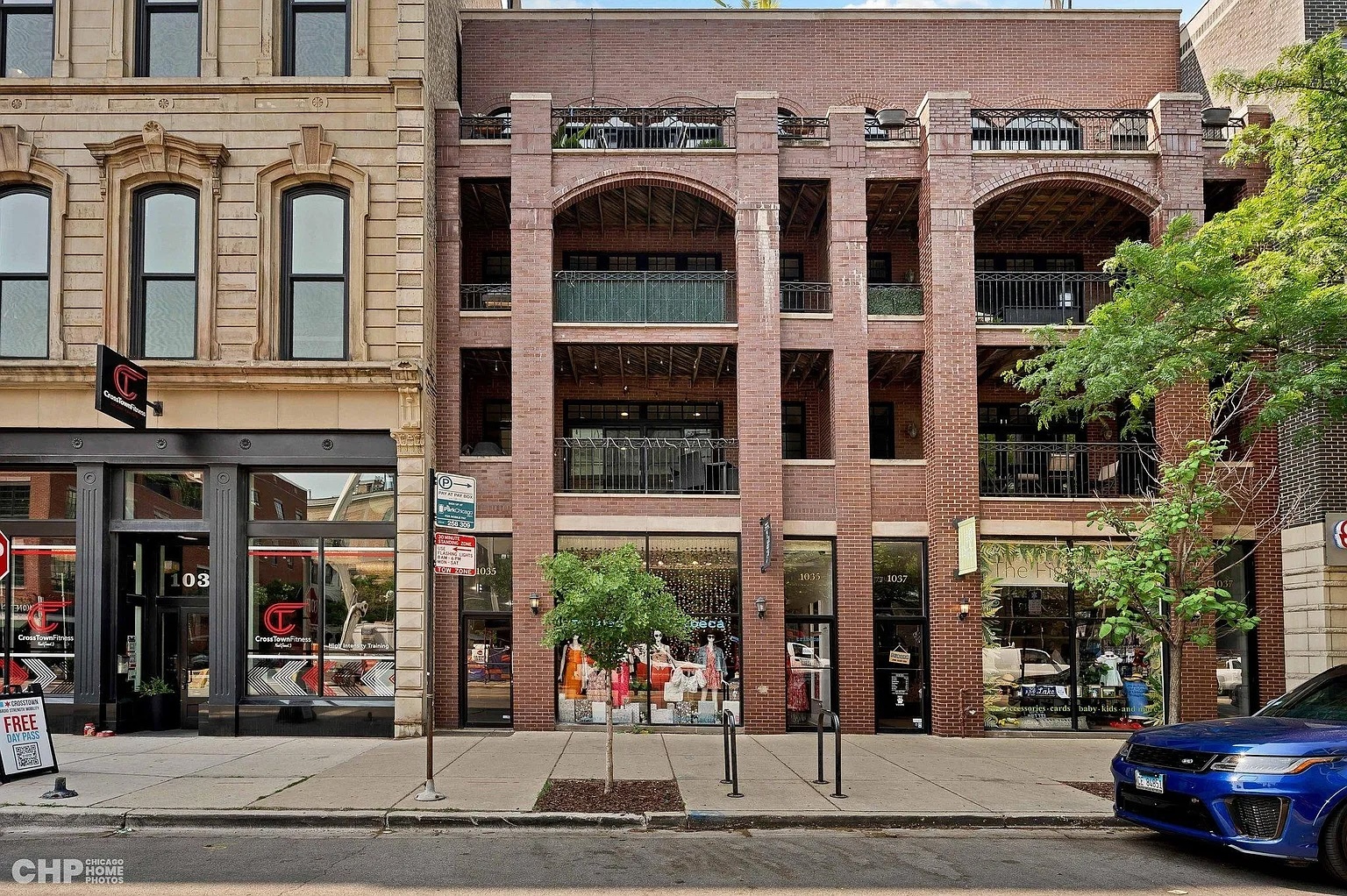 a front view of a building with street view