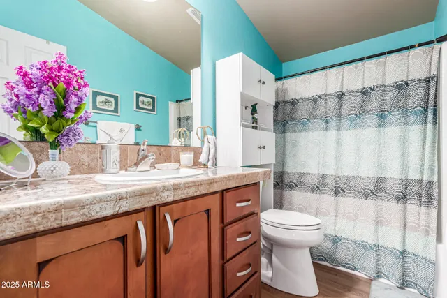 a bathroom with a granite countertop sink a toilet and shower