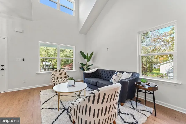 a living room with furniture a table and a potted plant