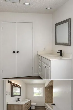 a bathroom with a sink and a mirror