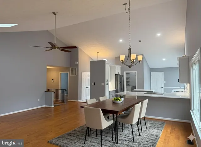 a view of a dining room with furniture