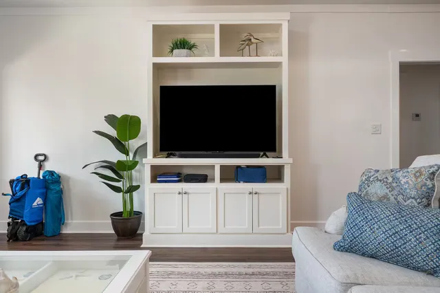 a living room with furniture a potted plant and a fireplace