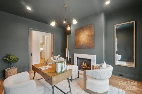 a living room with furniture a fireplace and a potted plant