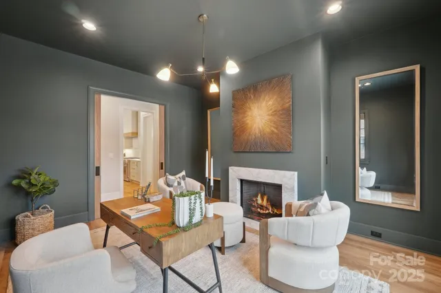 a living room with furniture a fireplace and a potted plant