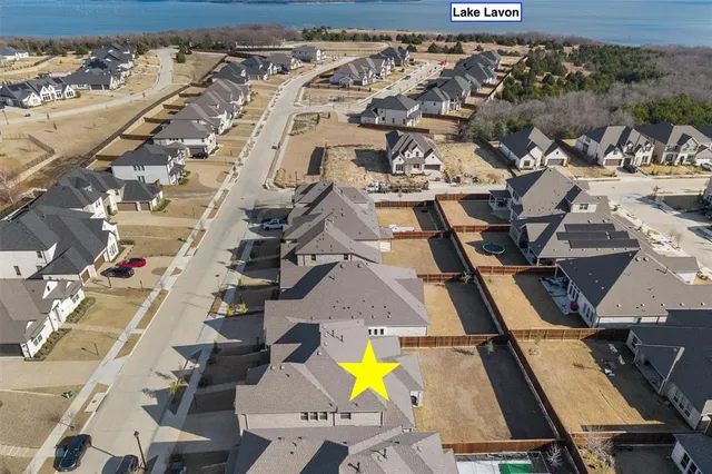 an aerial view of a swimming pool