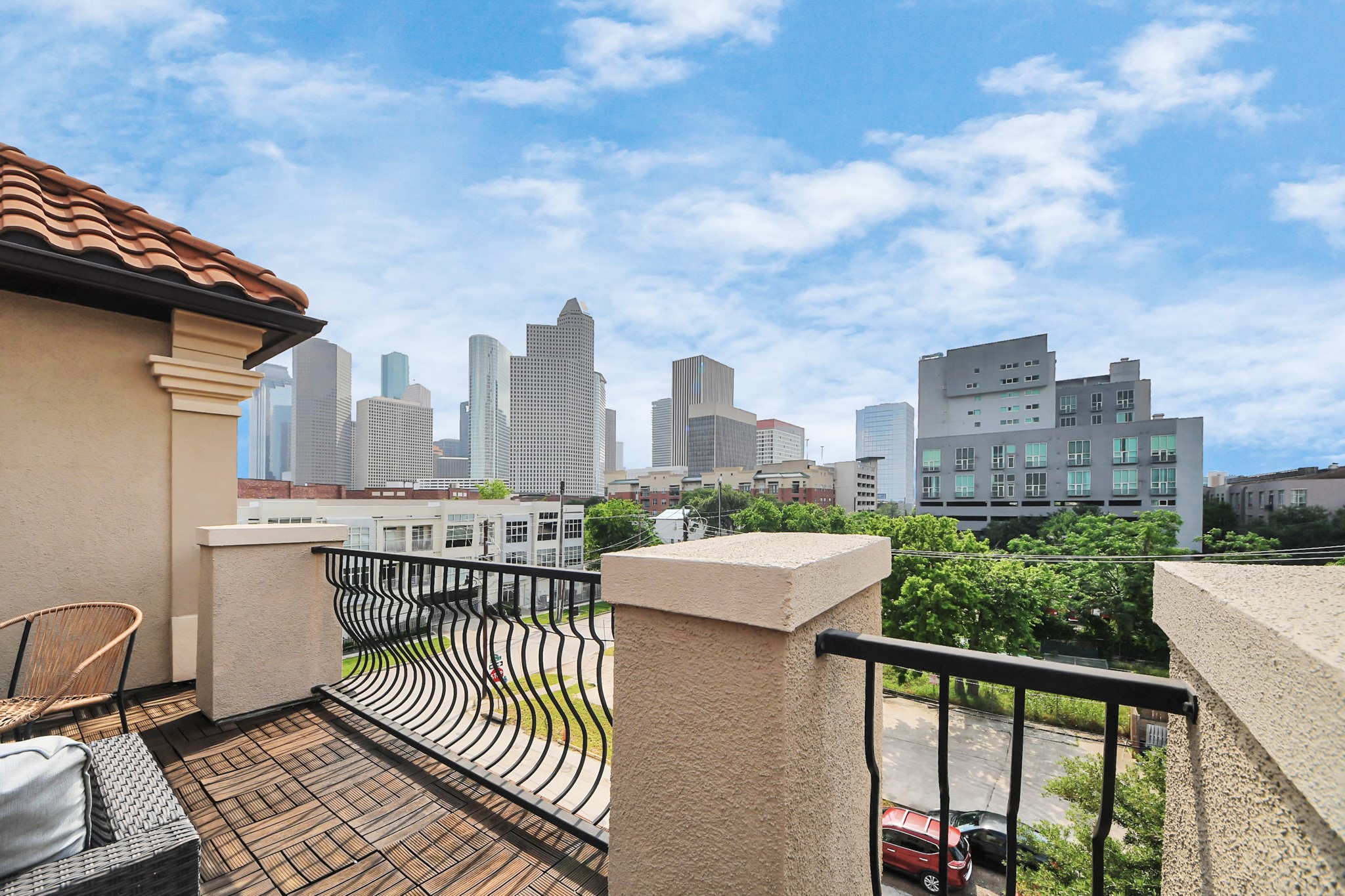 a balcony with city view