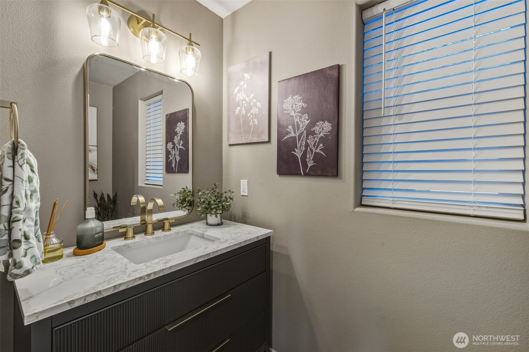 855 Louella Heights Road Sequim, WA 98382 - Photo 30 of 40 a bathroom with a granite countertop sink and a mirror