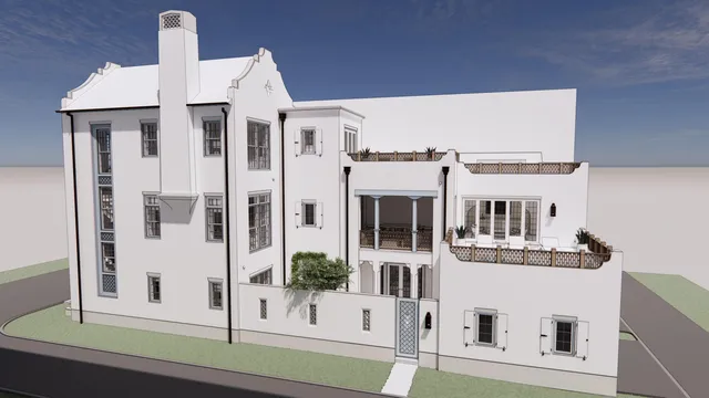 a front view of a building with a porch