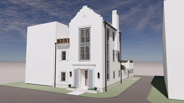 a view of a white house with many windows