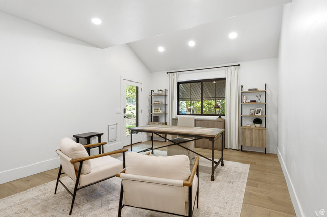 3027 Homestead Road Park City, UT 84098 - Photo 17 of 62 Vaulted ceiling room featuring recessed lighting and wood-finish flooring