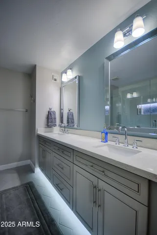 a bathroom with a sink and a mirror