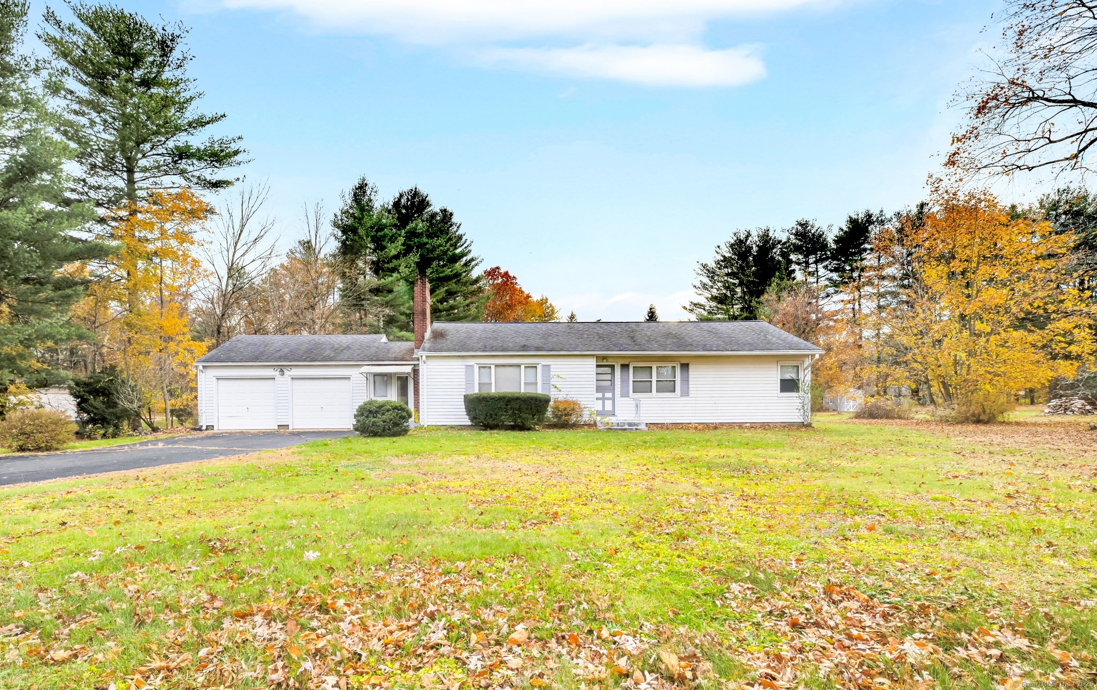 a view of a house with a yard and a large tree
