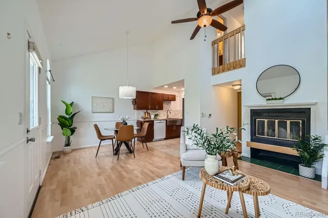 a living room with furniture a fireplace and a potted plant