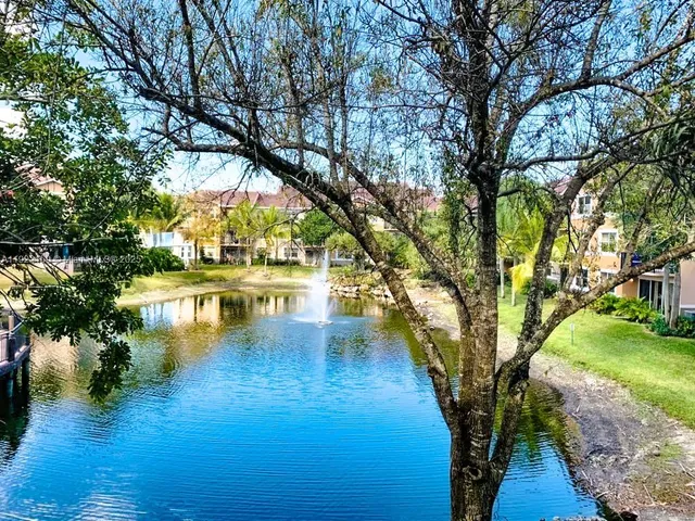 a view of a tennis ground with large trees