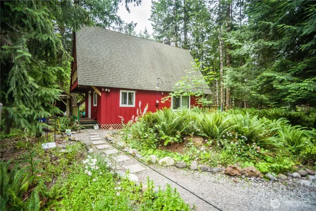 a backyard of a house with lots of green space and fountain